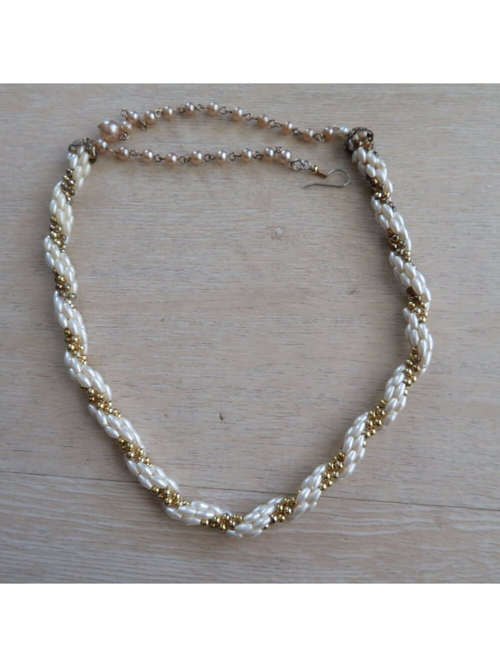 Vintage Twisted Pearl & Gold Beaded Necklace Adjustable Clasp Elegant Jewelry Sp